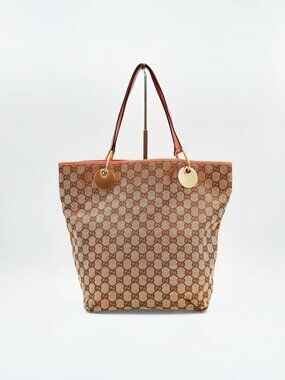 Gucci Eclipse GG Canvas Tote Bag Beige Ebony Pink Leather Shoulder Bag Italy